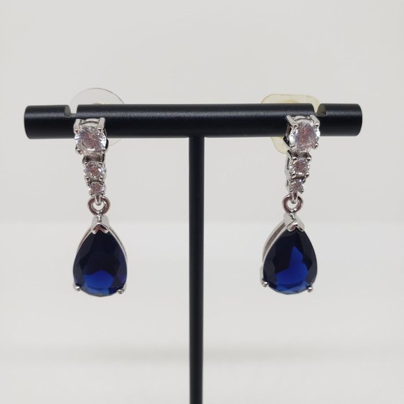 Blue Simulated Sapphire Pear Cut Drop Earrings - Picture 2 of 6